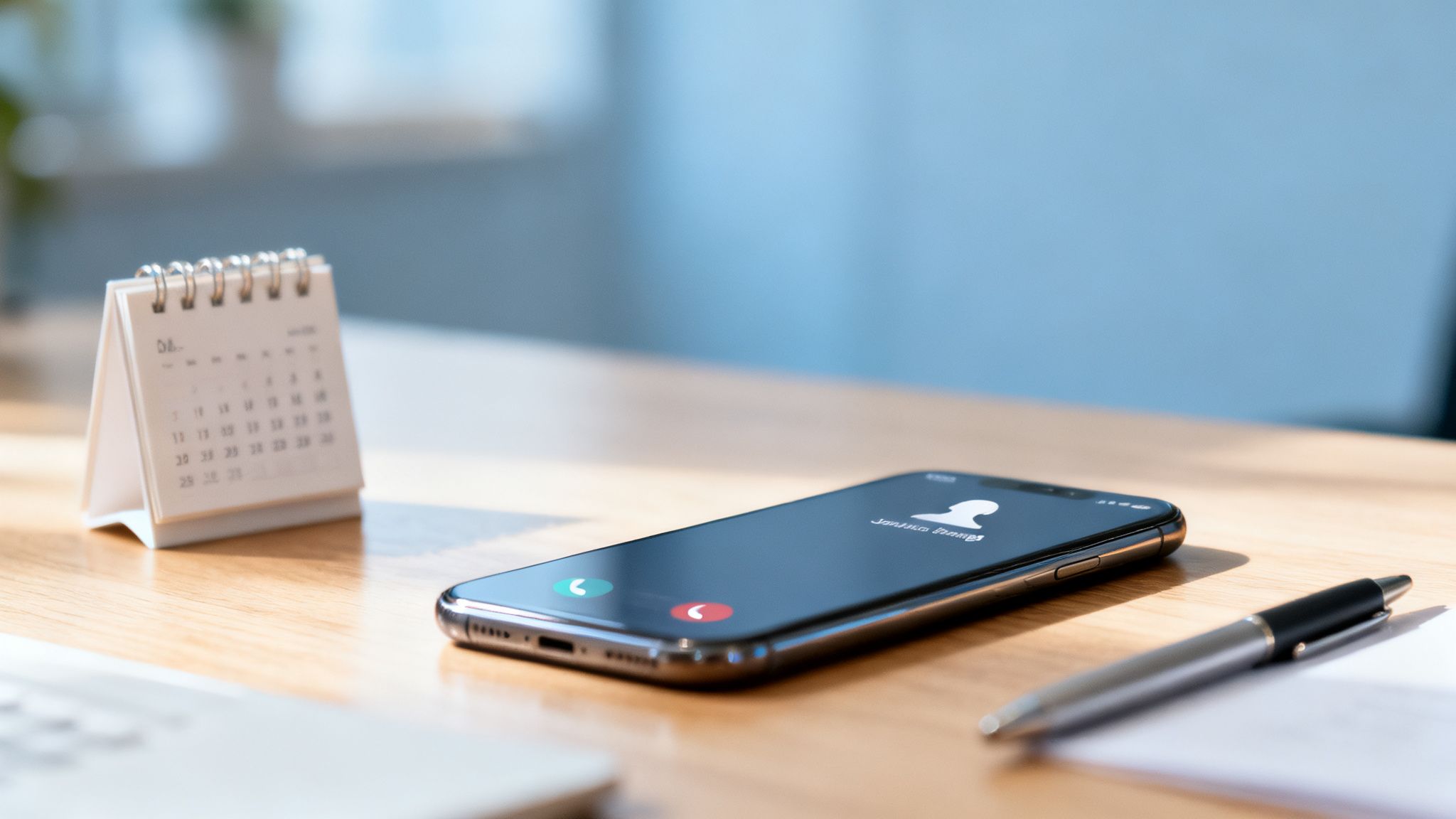 A smartphone on a wooden desk showing an incoming call, with a calendar and pen nearby.