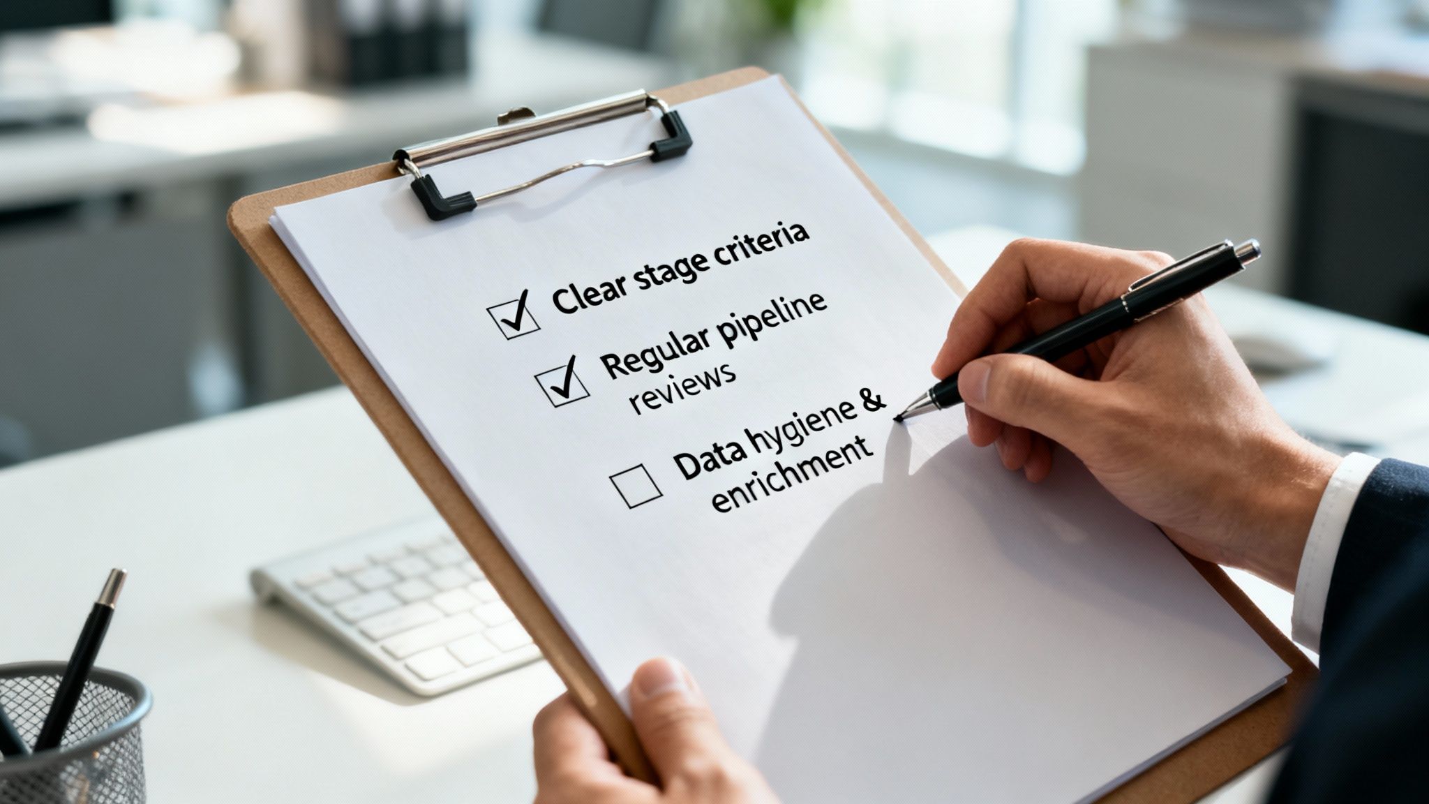 A person holds a clipboard with a sales pipeline checklist, two items are checked.