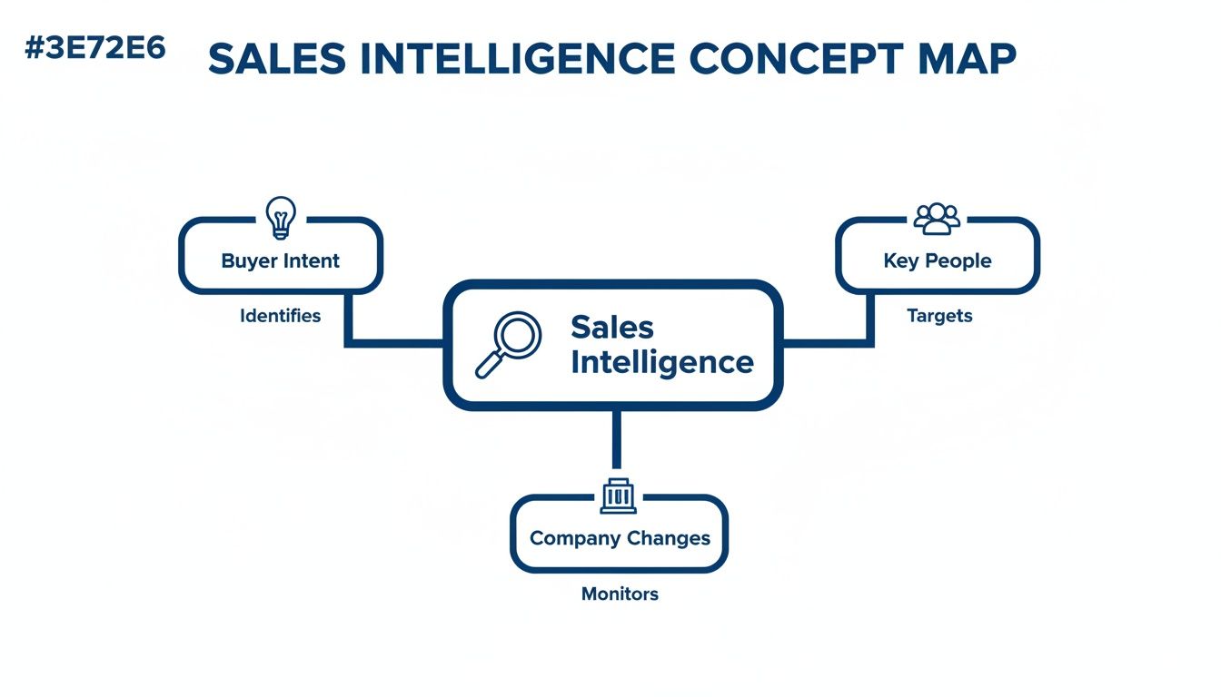 A concept map illustrating Sales Intelligence identifying buyer intent, targeting key people, and monitoring company changes.