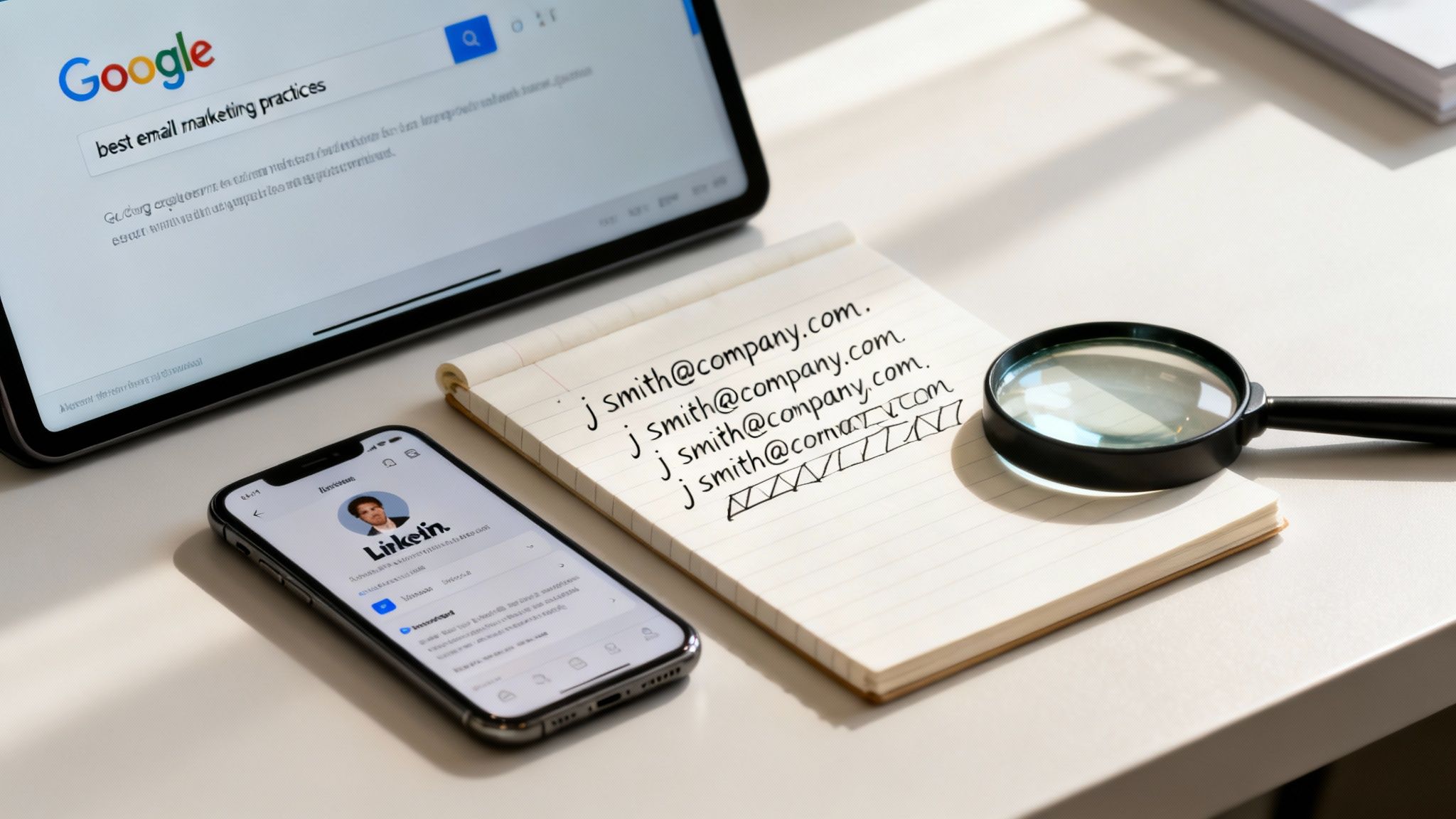 A desk with a tablet searching 'best email marketing practices,' a phone showing LinkedIn, a notepad with email addresses, and a magnifying glass.