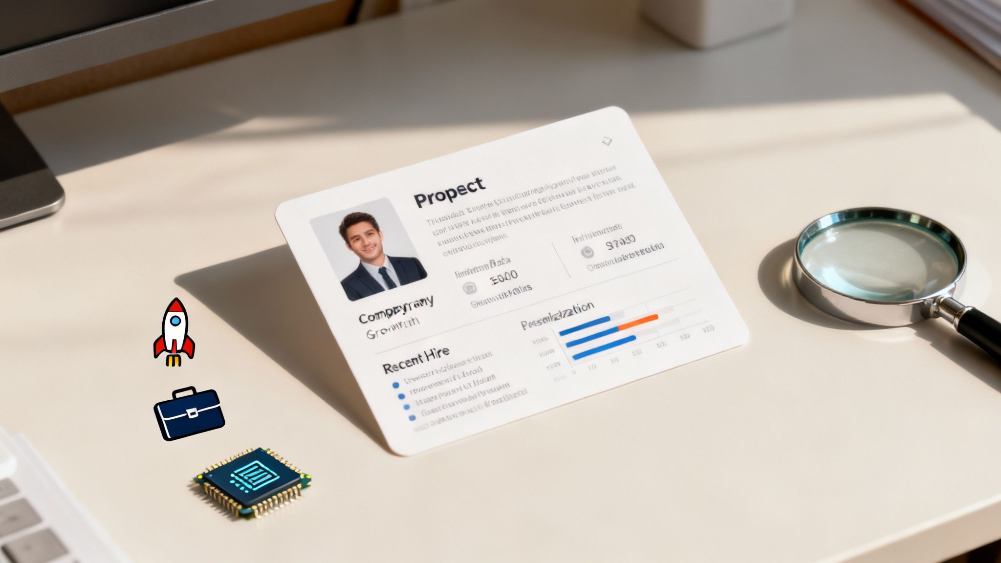 A desk with a 'Prospect' profile card, a magnifying glass, and small icons of a rocket, briefcase, and microchip.