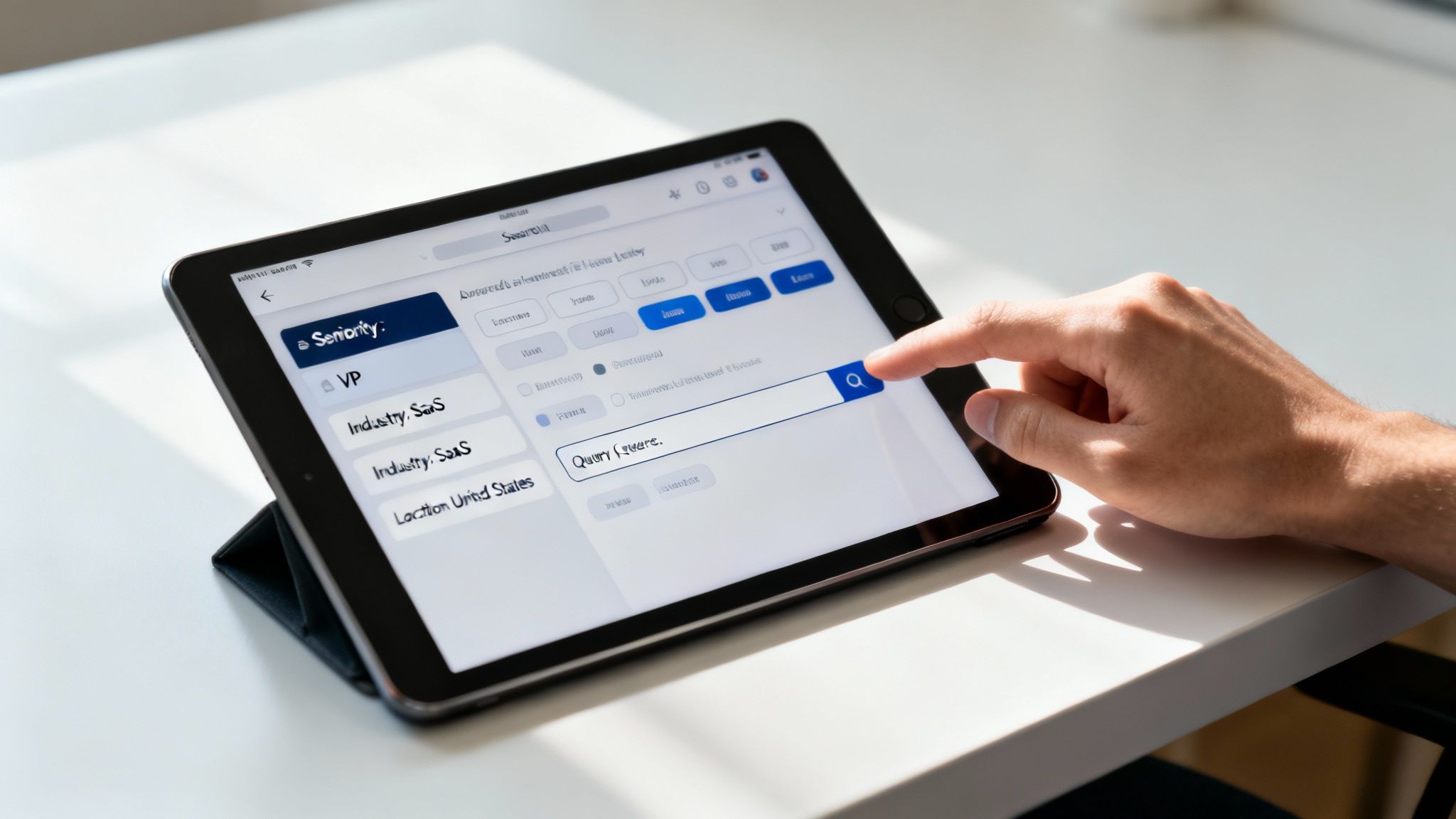 A hand interacts with a tablet displaying a sales navigator search interface with filters.