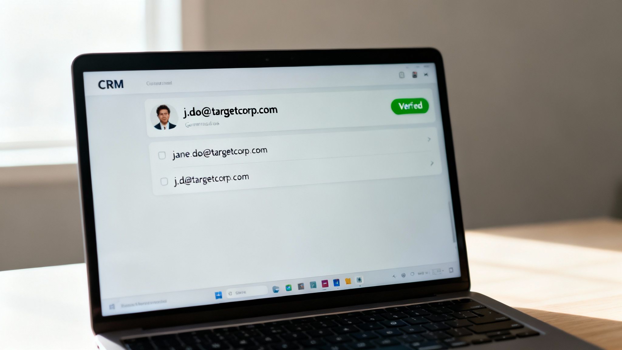 A laptop screen displays a CRM interface showing different email address formats, with one verified.