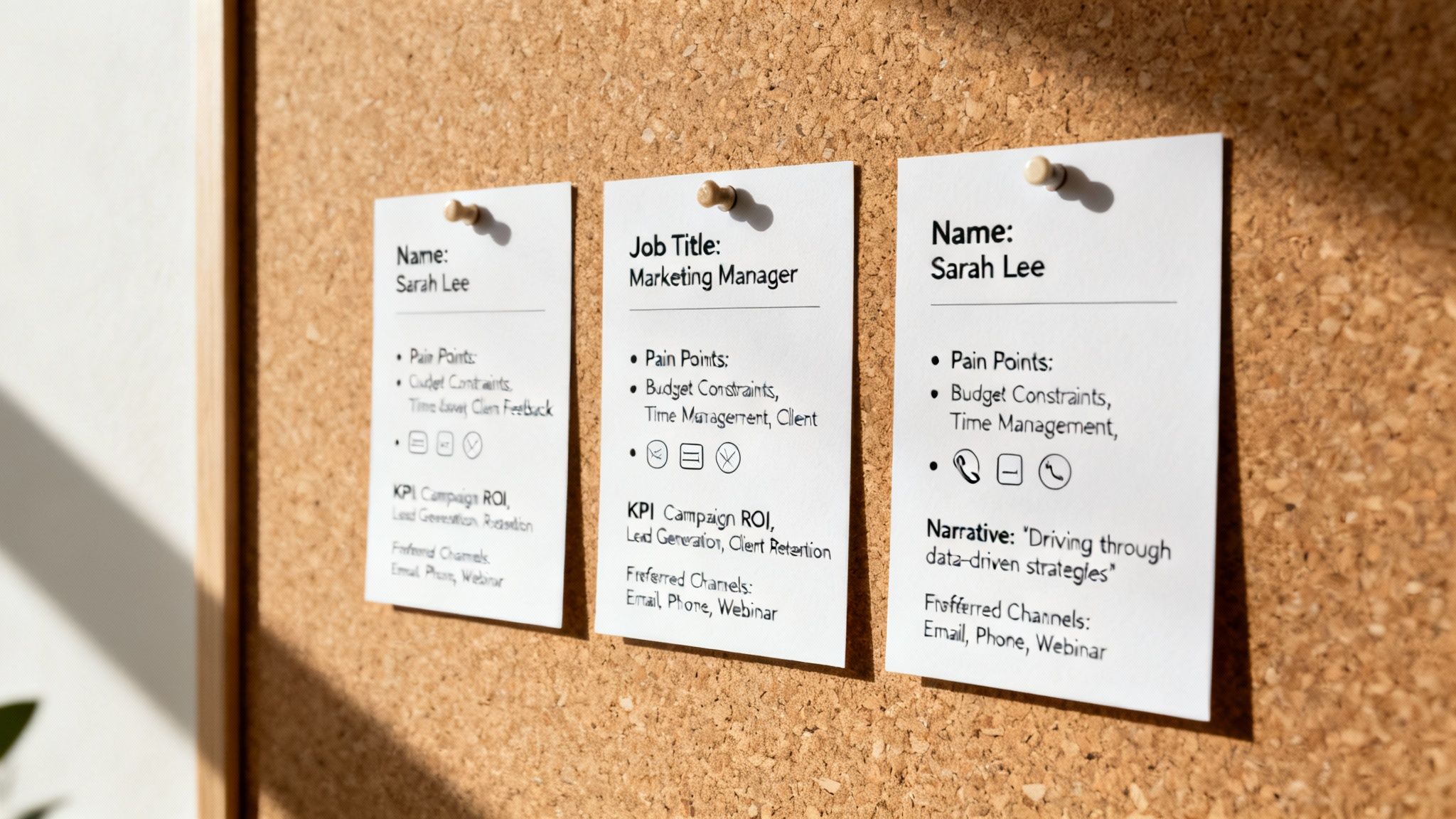 Three detailed buyer persona cards pinned on a cork board for customer profiling.
