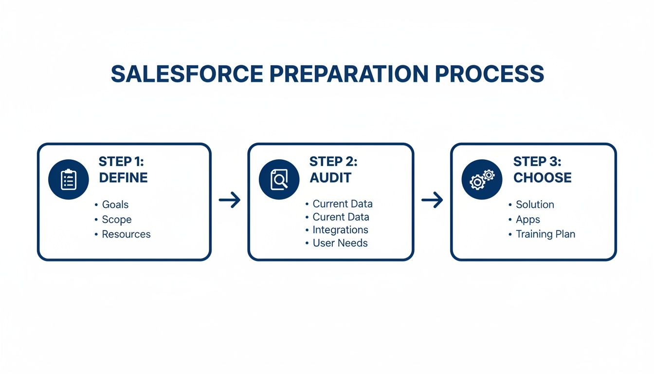 A three-step diagram illustrating the Salesforce preparation process, covering definition, audit, and solution choice.