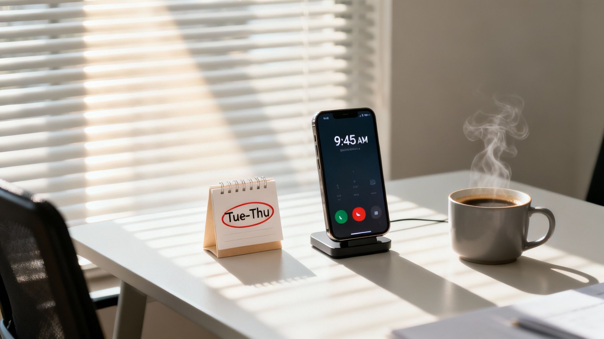 A desk with a smartphone displaying 9:45 AM, a small "Tue-Thu" calendar, and a steaming coffee mug.