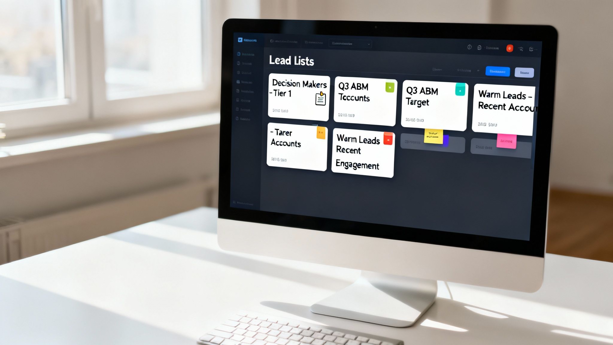 A computer screen displaying 'Lead Lists' with various lead generation cards in a modern office environment.