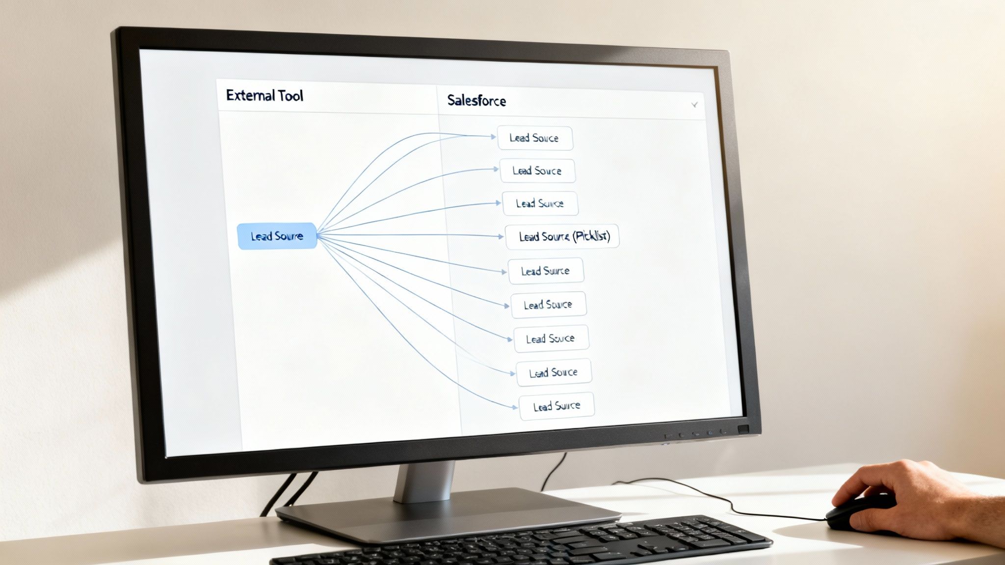A person uses a computer to map lead sources from an external tool to Salesforce fields.