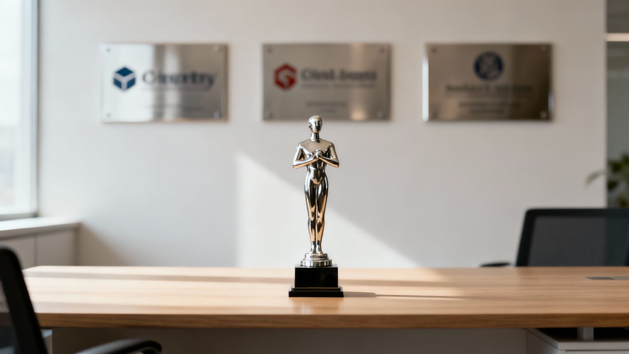 A gleaming silver award statue stands prominently on a light wooden office table, with blurred plaques on the wall behind it.