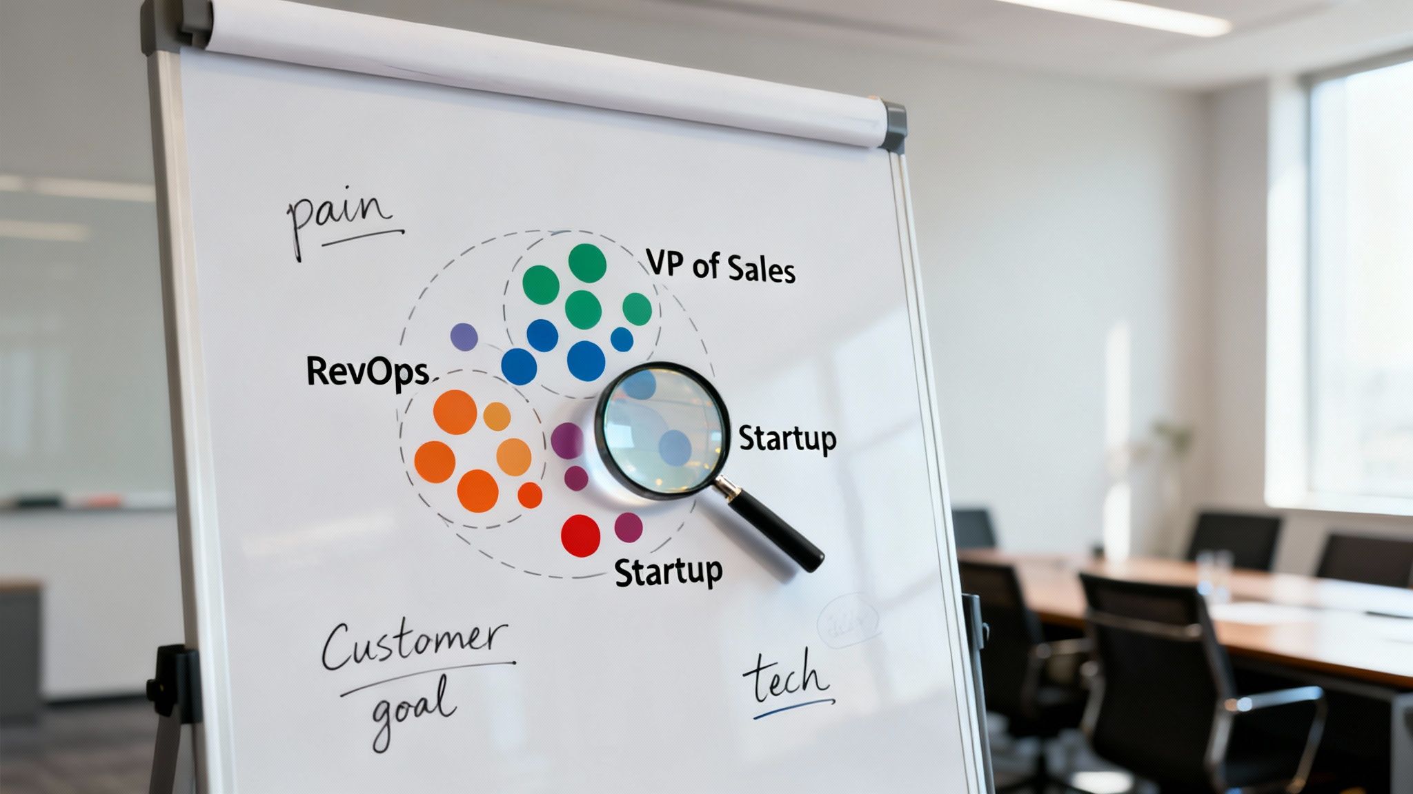 Whiteboard displays a business strategy diagram for RevOps, VP of Sales, and Startups, with a magnifying glass.
