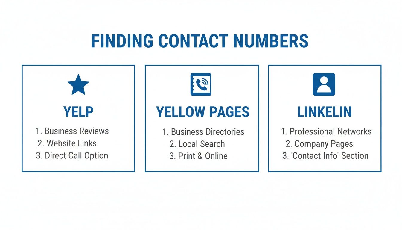 Infographic showing three platforms: Yelp, Yellow Pages, and LinkedIn, for finding contact numbers.