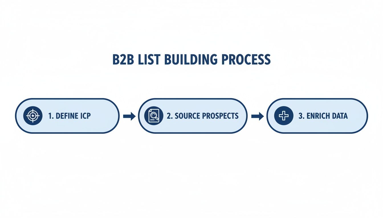Diagram illustrating the B2B list building process with three steps: Define ICP, Source Prospects, and Enrich Data.