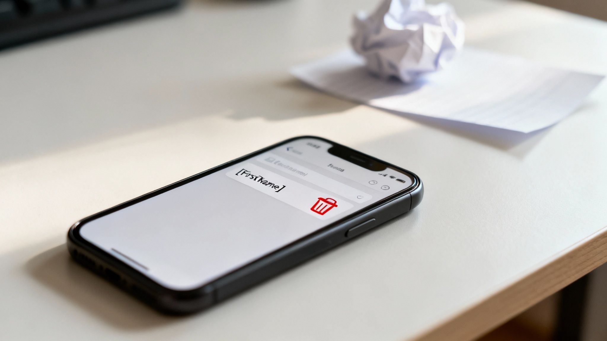 A smartphone on a white desk displaying a 'First Name' field and a prominent trash icon, symbolizing data deletion.