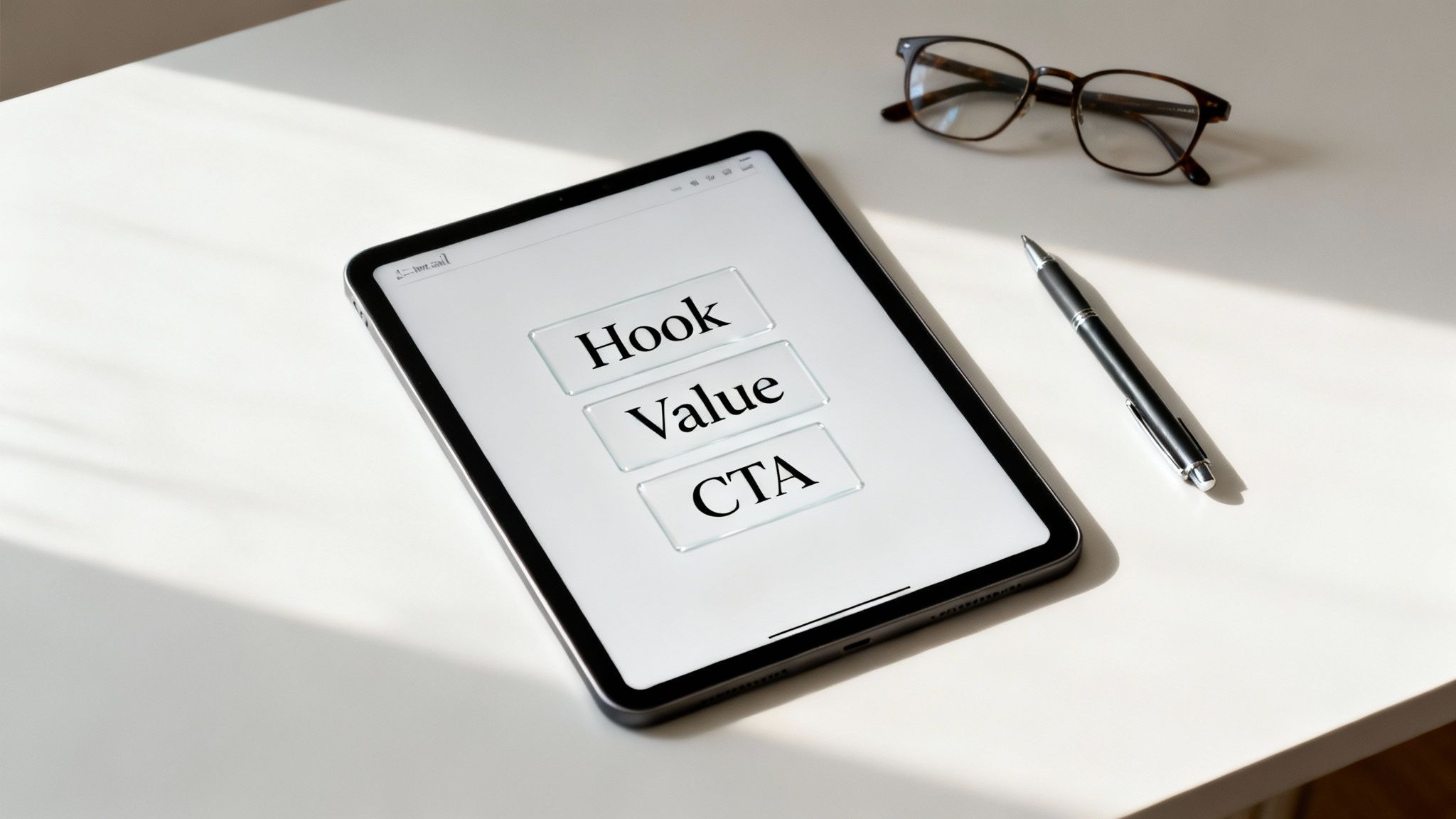A tablet on a white desk displays 'Hook, Value, CTA' alongside reading glasses and a pen.