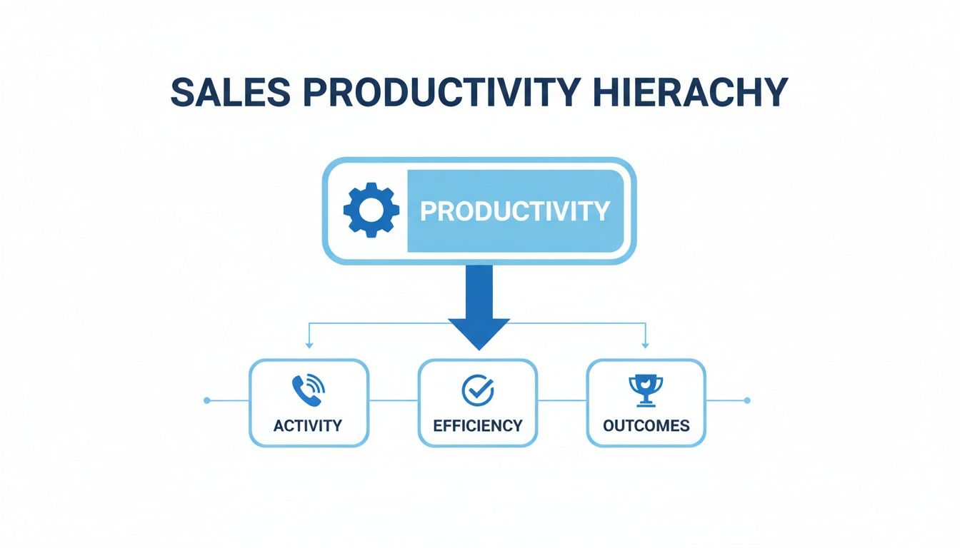 A sales productivity hierarchy diagram illustrates productivity leading to activity, efficiency, and desired outcomes.
