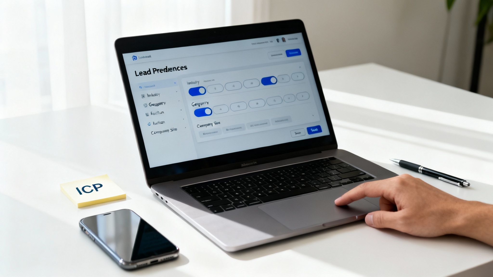 Person setting lead preferences on a laptop, with an 'ICP' sticky note on a white desk.