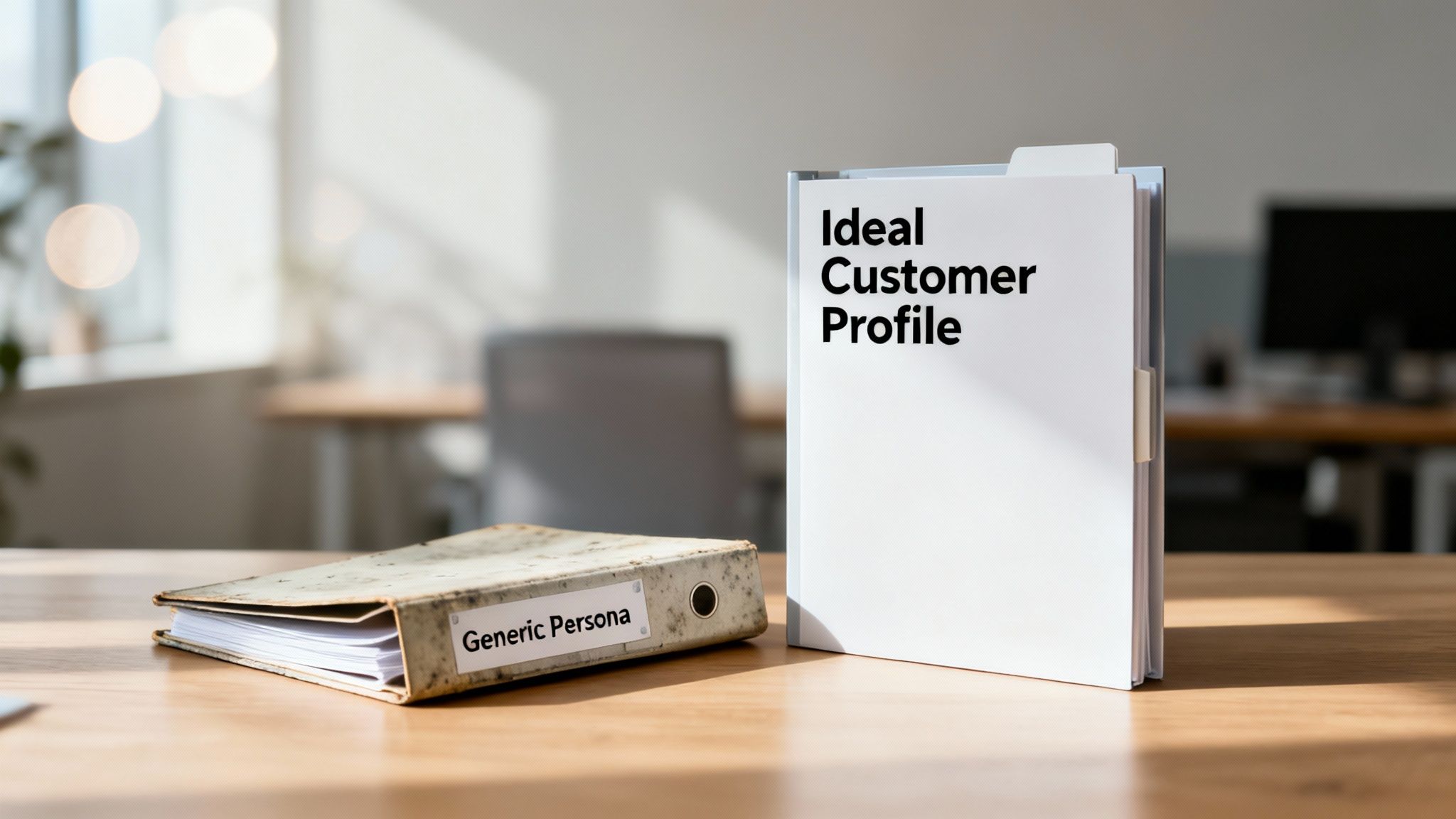 Two binders on a wooden desk, one displaying 'Ideal Customer Profile', the other 'Generic Persona'.