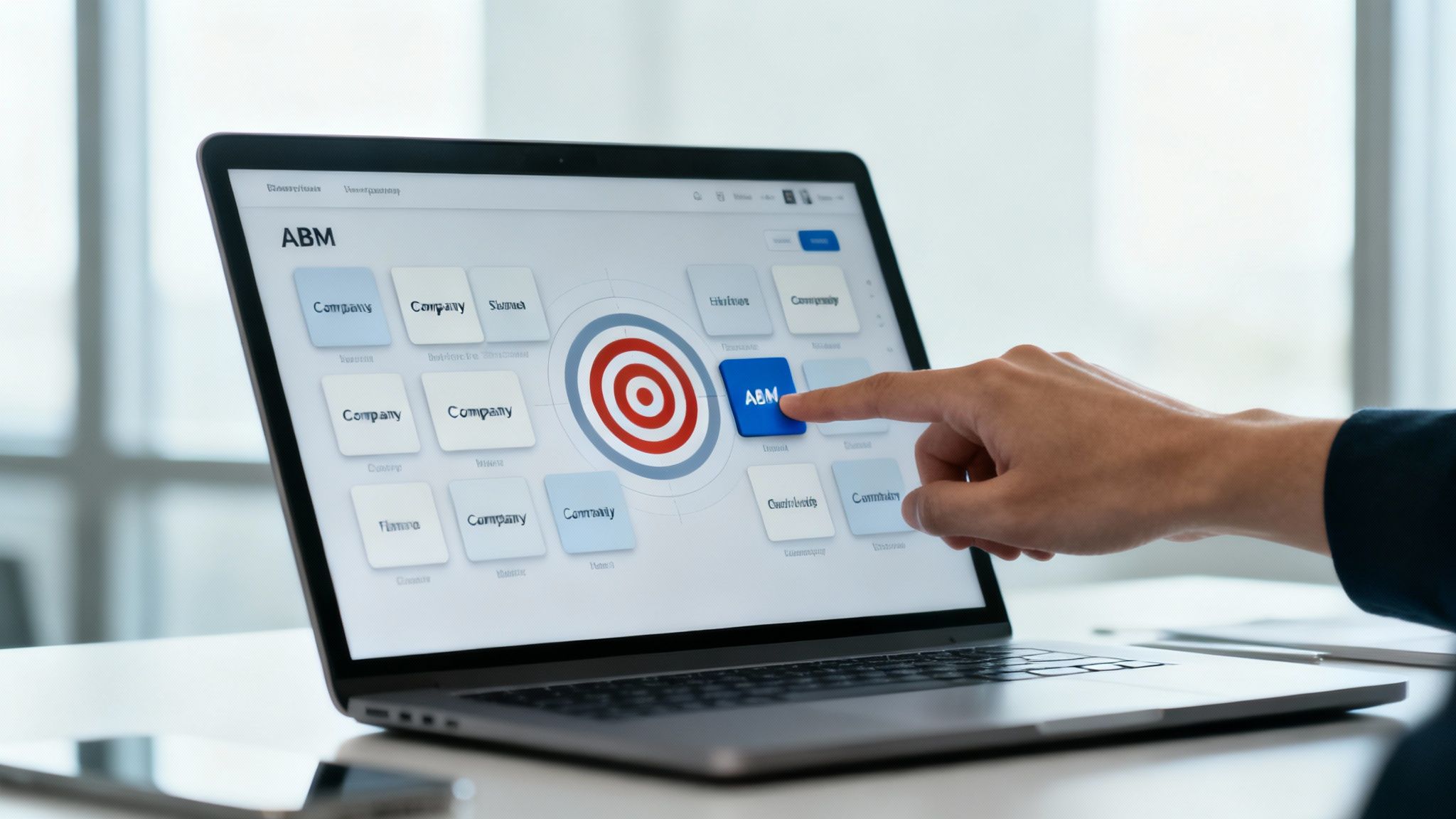 Person's hand tapping a blue 'ABM' button on a laptop screen displaying a target icon and company names, indicating business strategy.