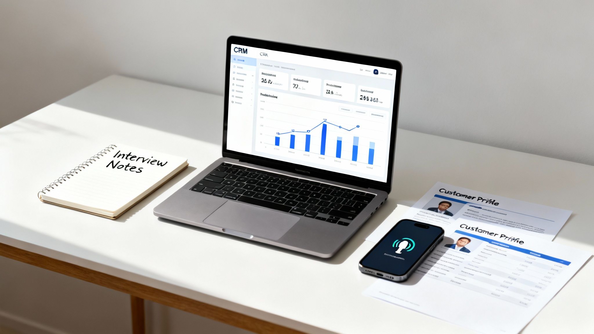 Desk with a laptop showing a CRM dashboard, interview notes, a smartphone, and customer profile documents.