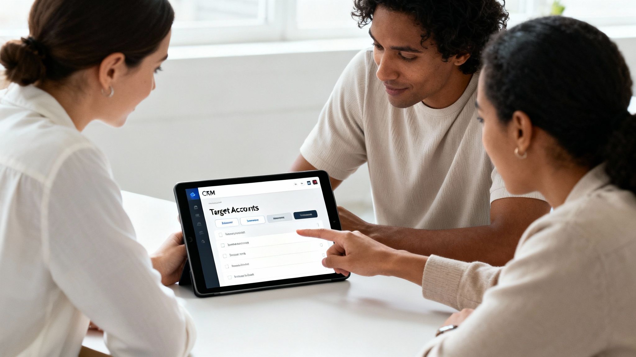 Three colleagues collaborate on a tablet showing CRM target accounts, discussing business strategy.