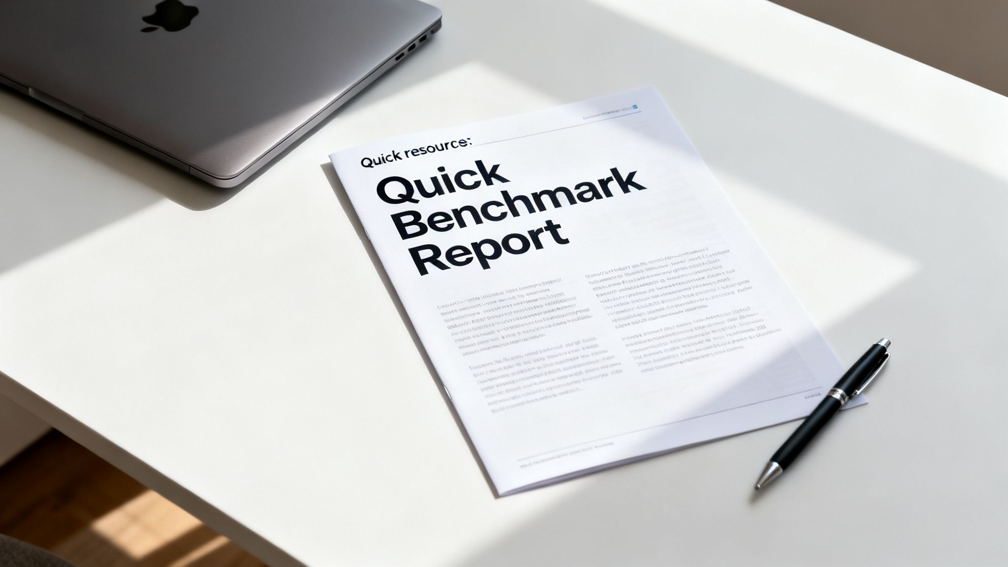 A 'Quick Benchmark Report' document, a pen, and a laptop on a clean white desk, bathed in natural light.