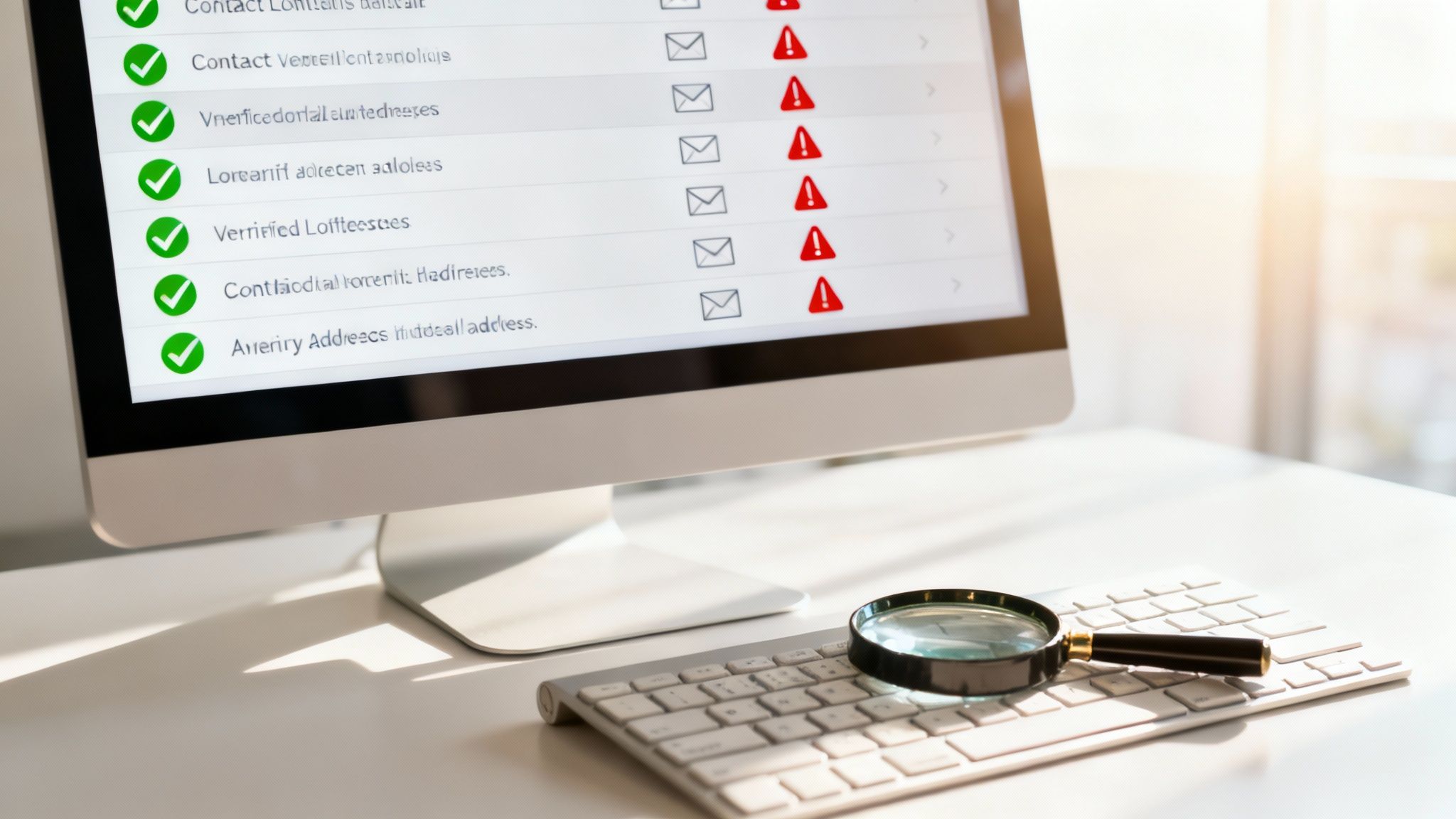 A computer screen displays an email list with green checkmarks and red warning signs, next to a magnifying glass on a keyboard.