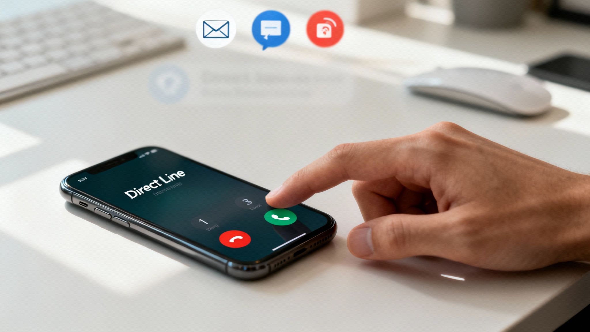 Person's hand answering a business call on a smartphone displaying 'Direct Line' with notification icons.