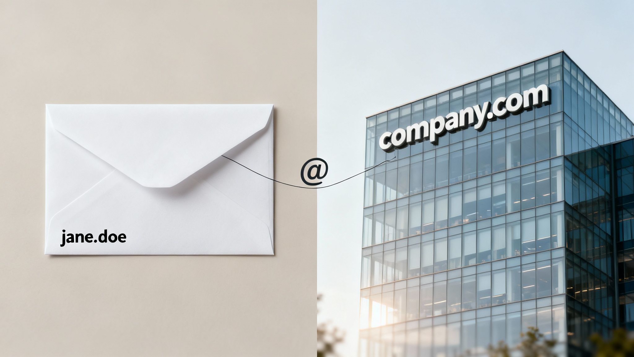 An envelope labeled 'jane.doe' and a building labeled 'company.com' linked by an '@' symbol, illustrating email format.