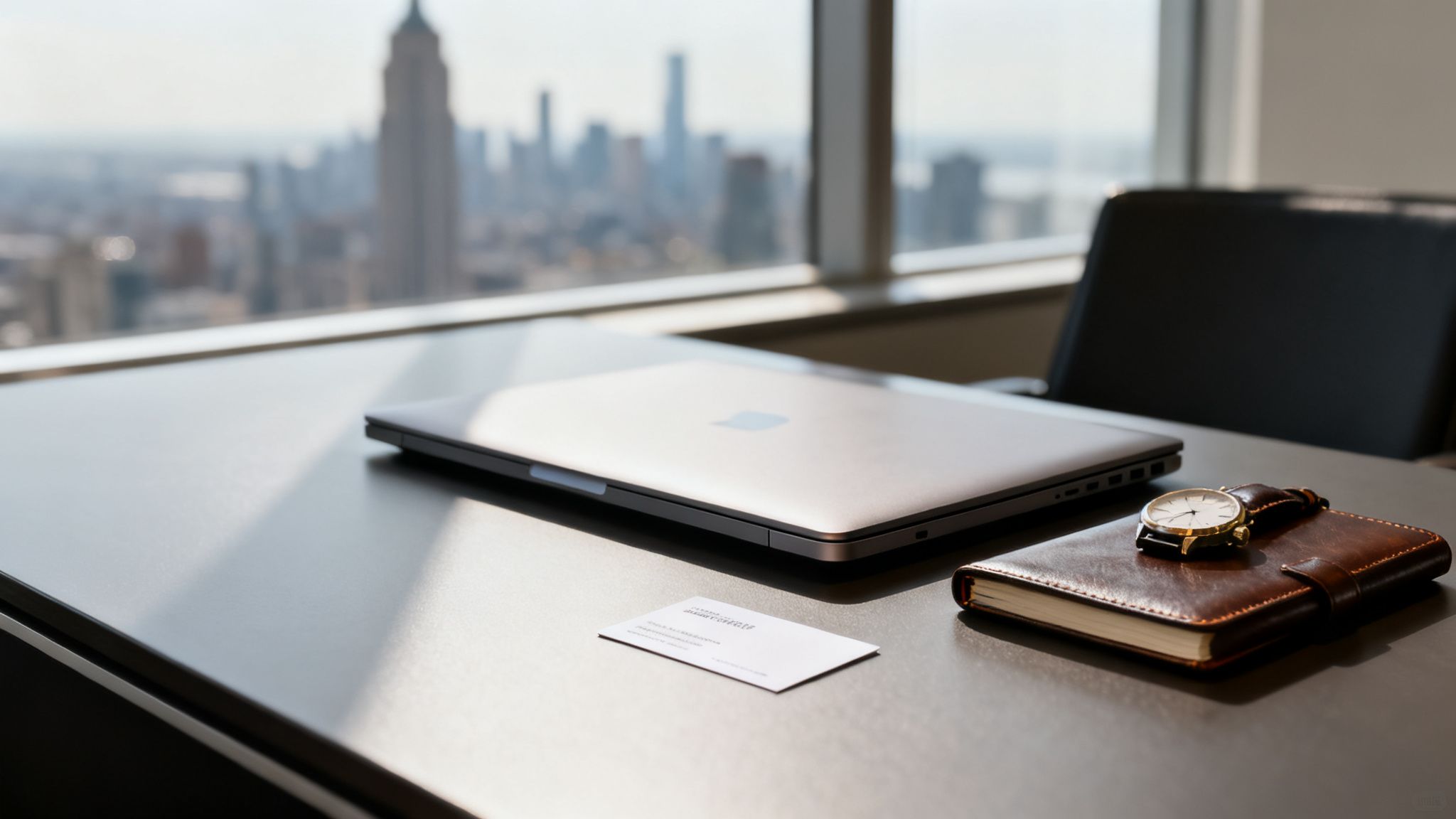 A closed laptop, business card, and a notebook with a watch on a desk overlooking a city skyline.
