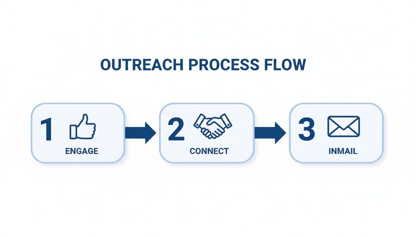 Outreach process flow diagram showing three steps: Engage with a thumbs-up, Connect with a handshake, and Inmail with an envelope.