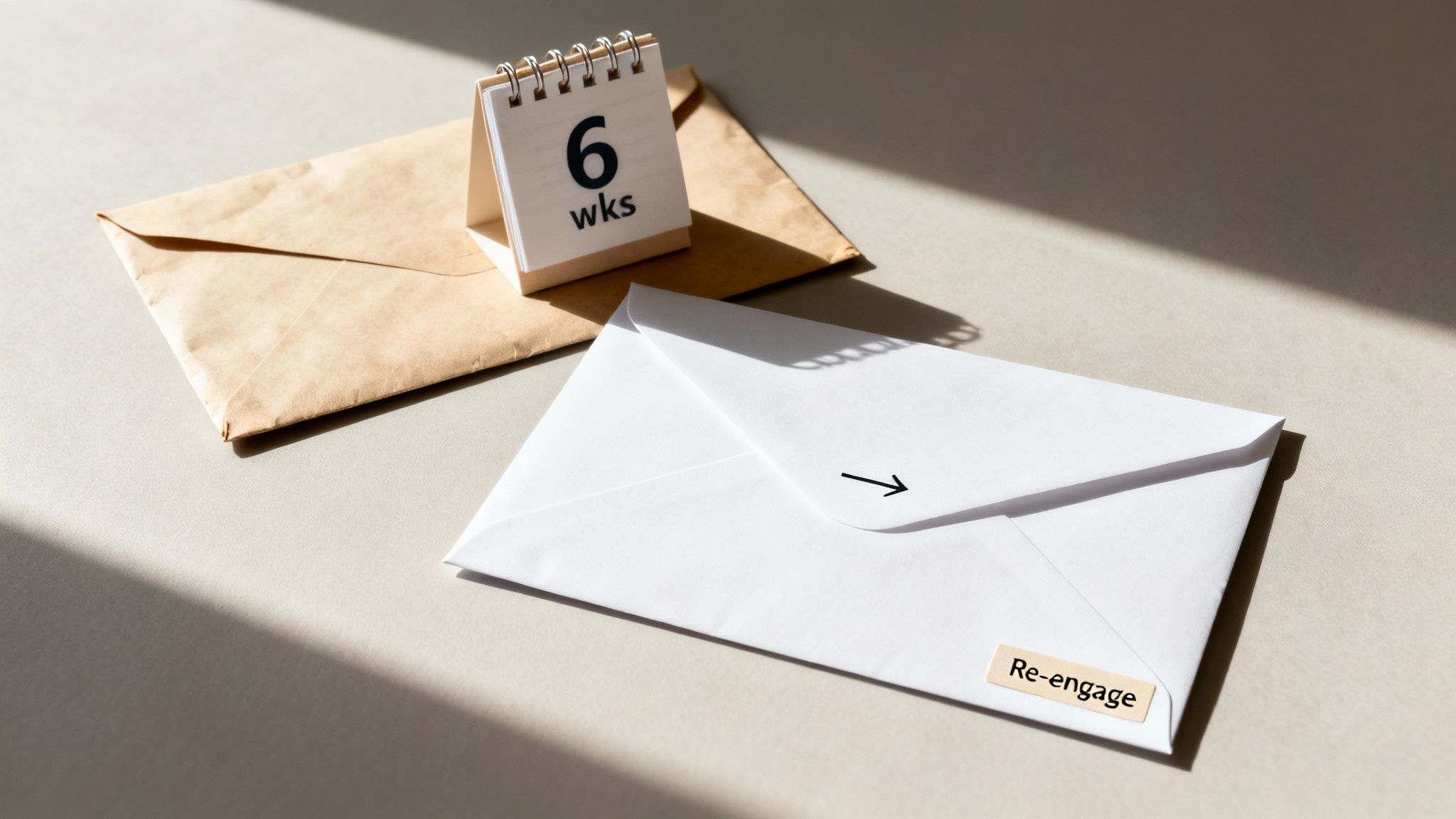 Desk calendar displaying '6 wks' next to envelopes, one labeled 'Re-engage', under sunlight.