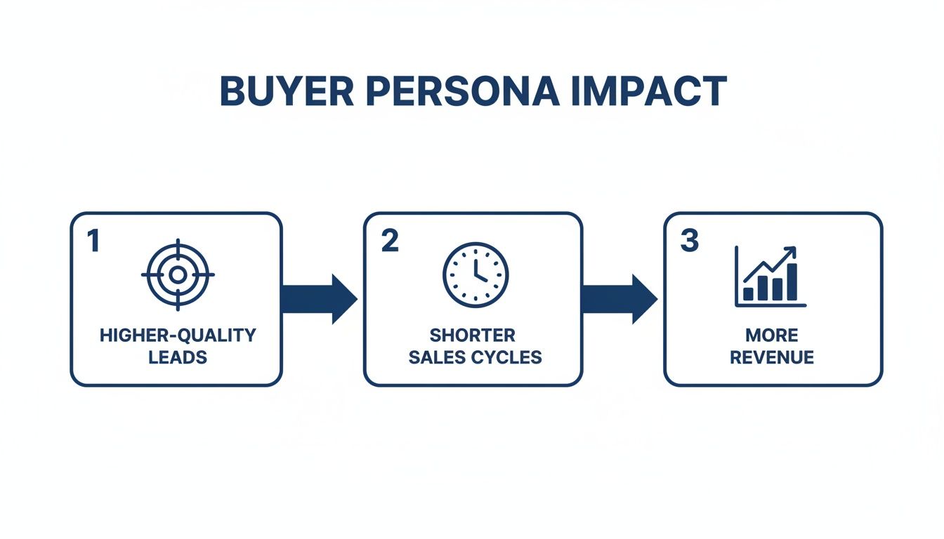 A diagram illustrating the three positive impacts of buyer personas: higher-quality leads, shorter sales cycles, and more revenue.