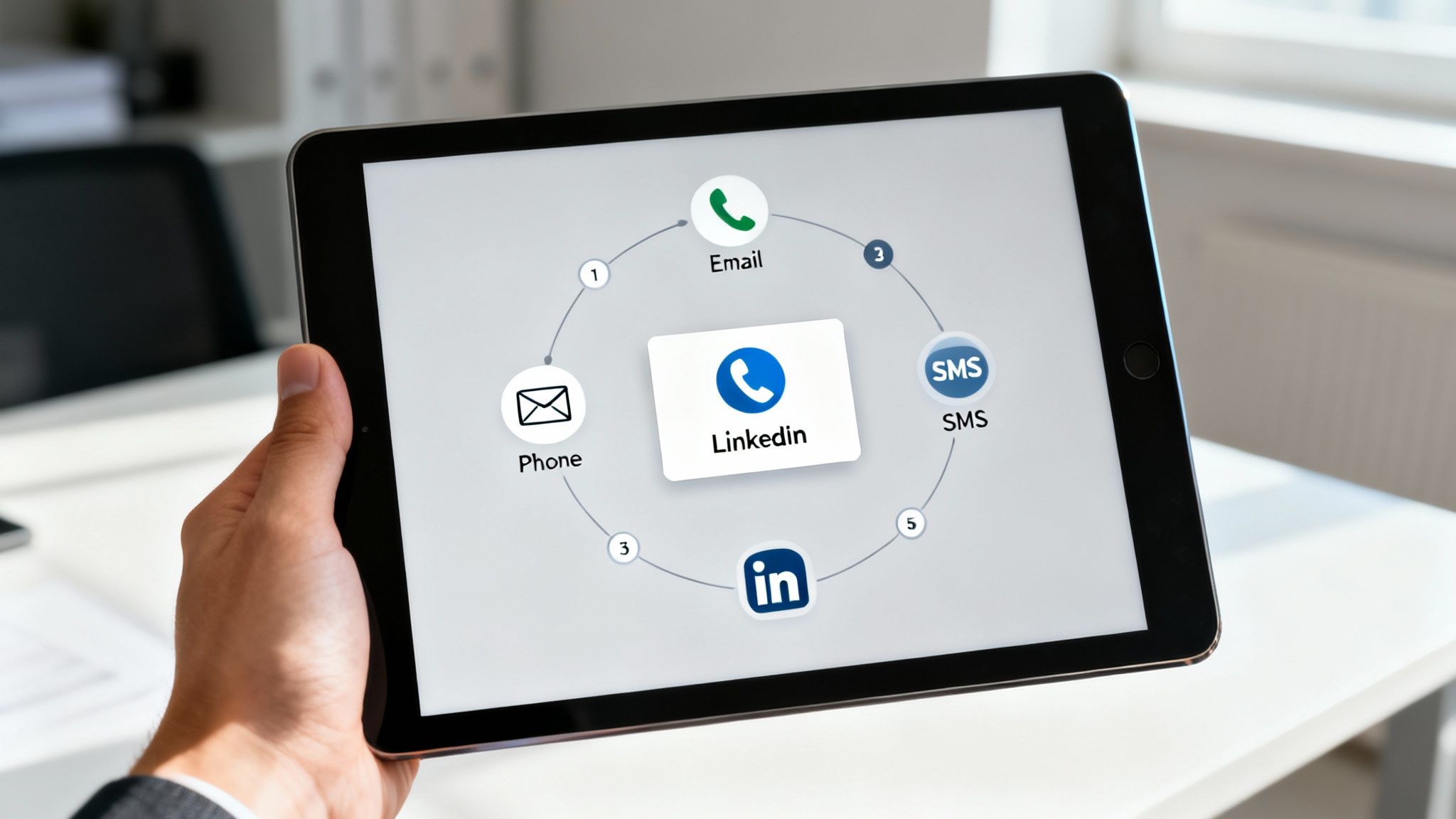 Hand holding a tablet displaying a digital sales cadence flow with various communication channels.