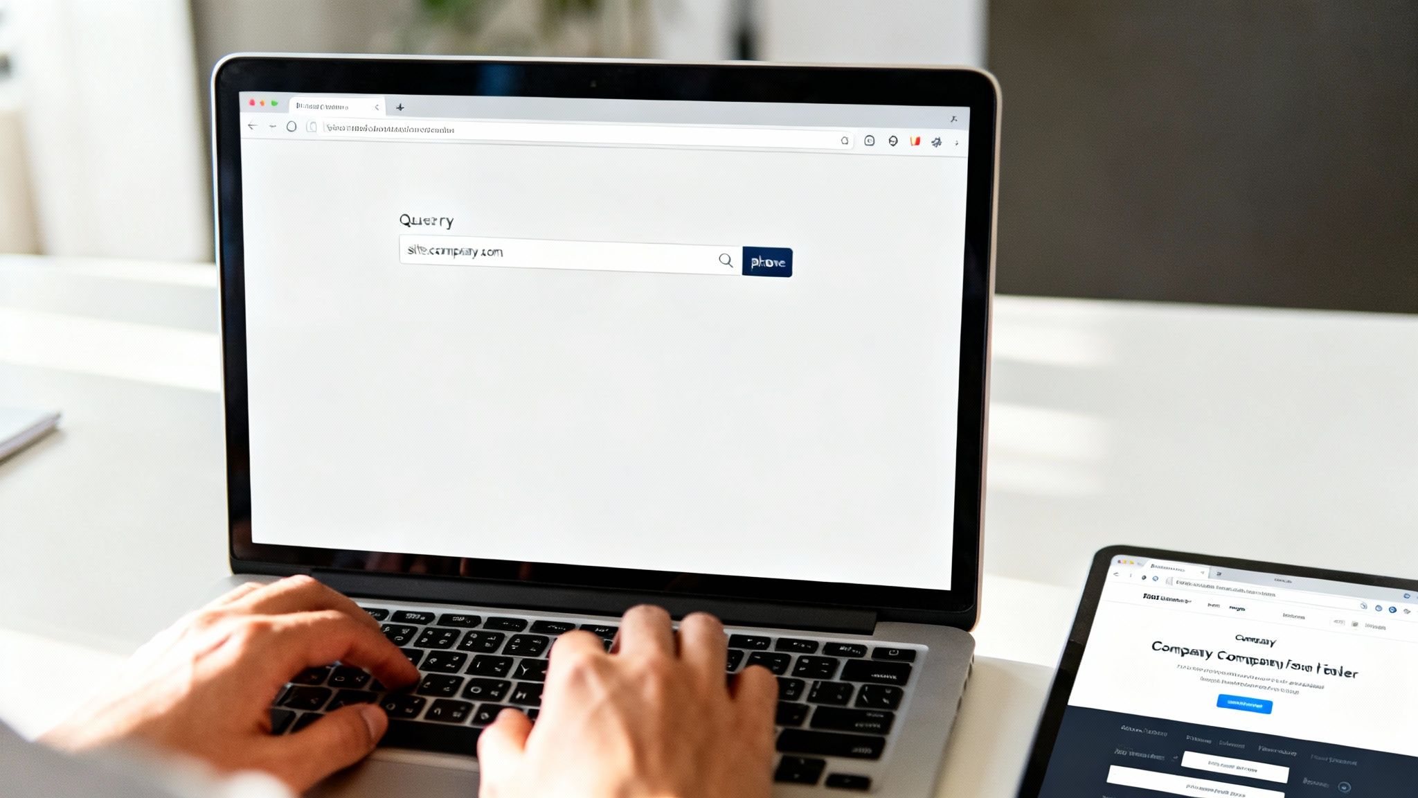 Person typing on a laptop, searching for a business phone number on a white screen, with a tablet displaying a company website.