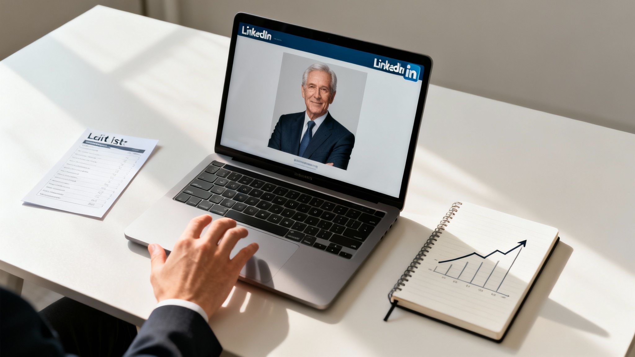 Person using a laptop displaying a LinkedIn profile, a document, and a notebook with a chart on a white desk.