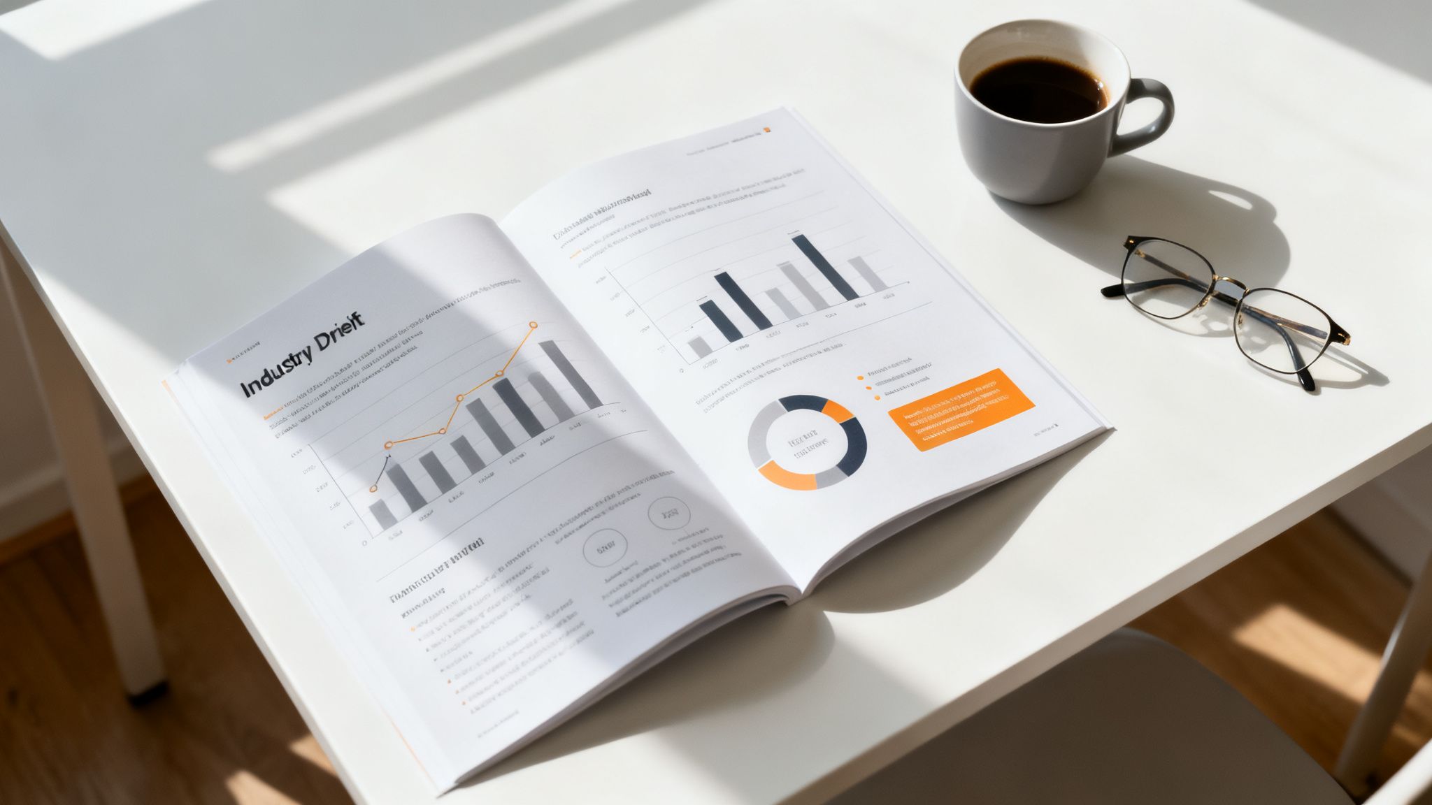 Open business report with charts and graphs on a white desk, next to coffee and reading glasses.