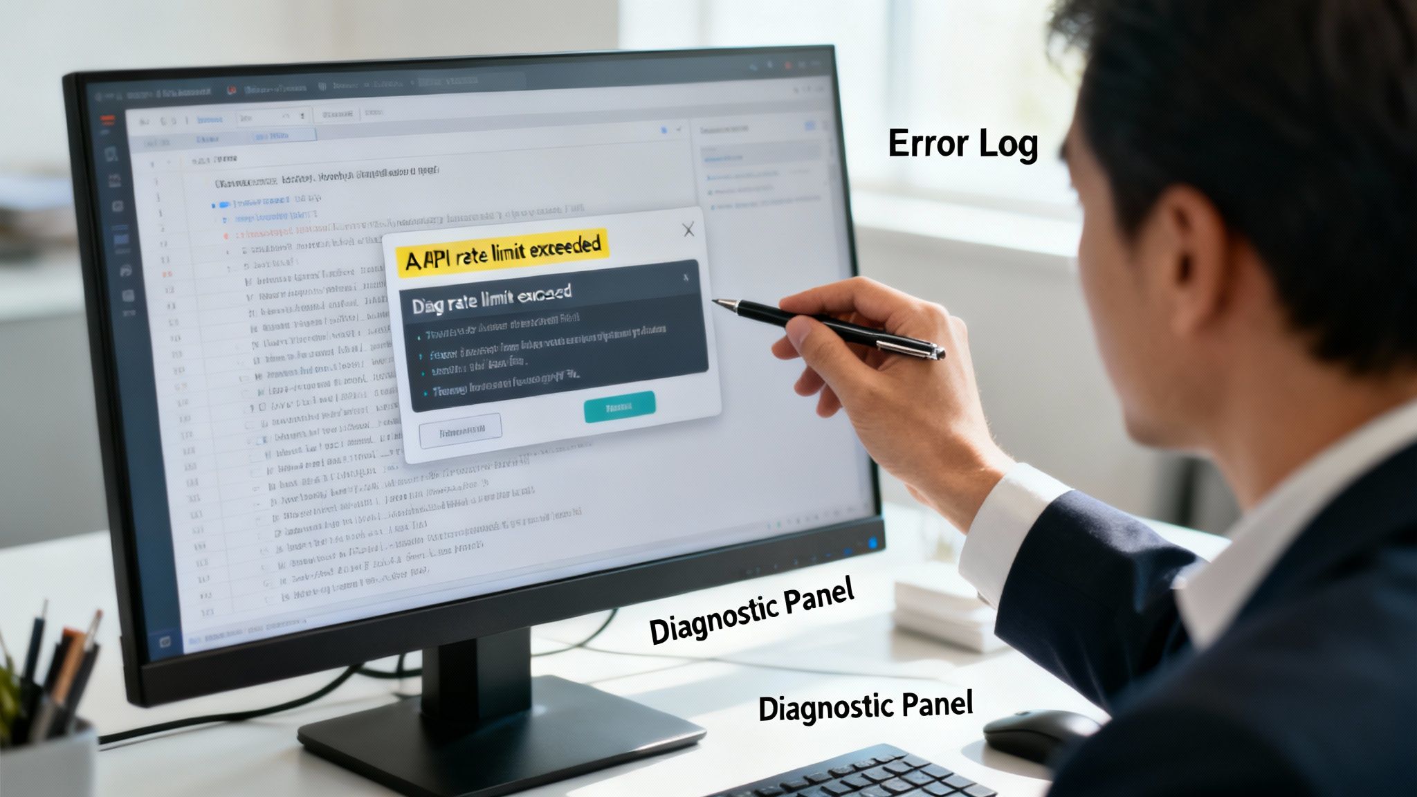 A person points at a computer screen displaying an 'API rate limit exceeded' error in a diagnostic panel.