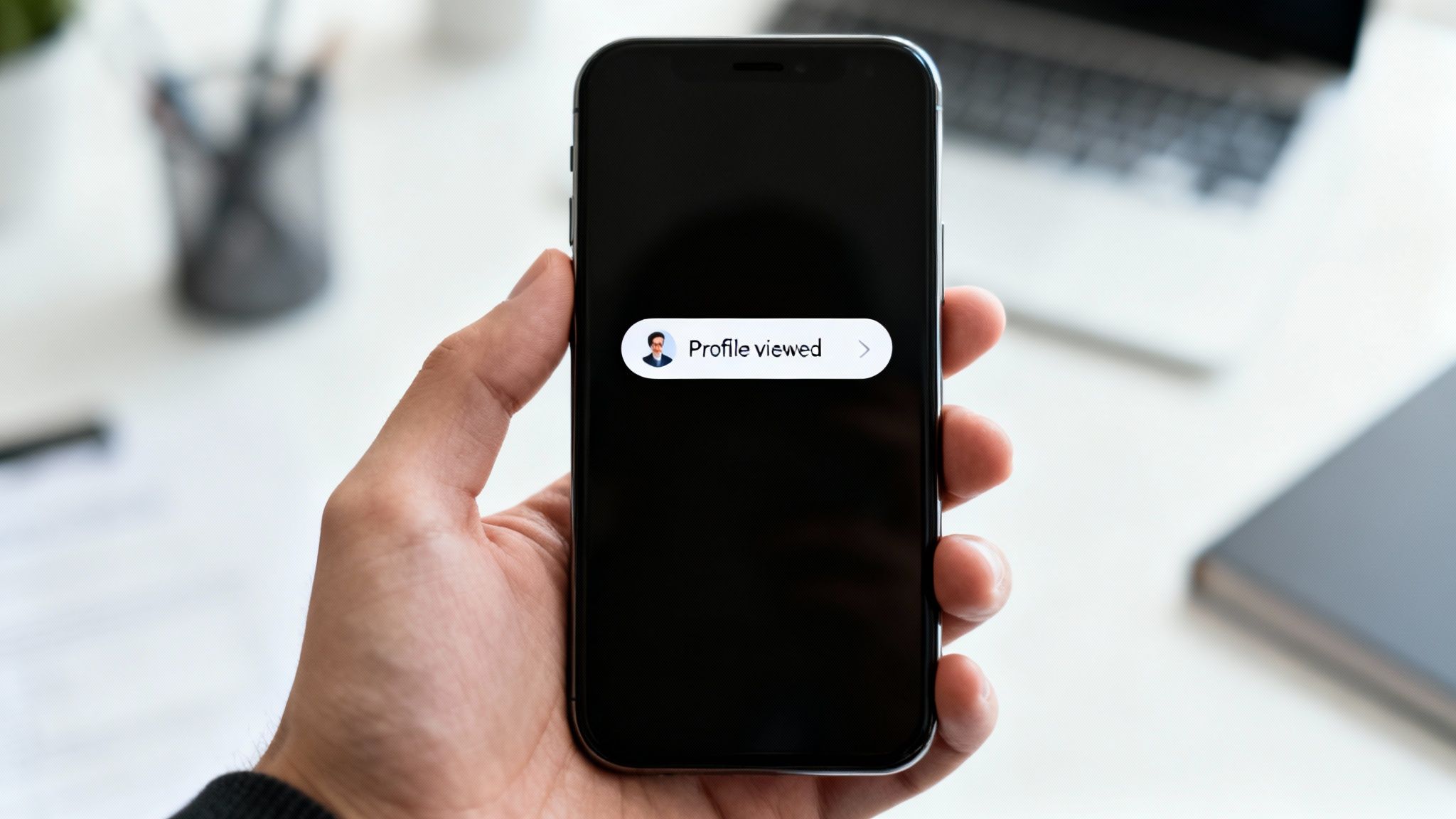A hand holds a smartphone showing a 'Profile viewed' notification on its screen.