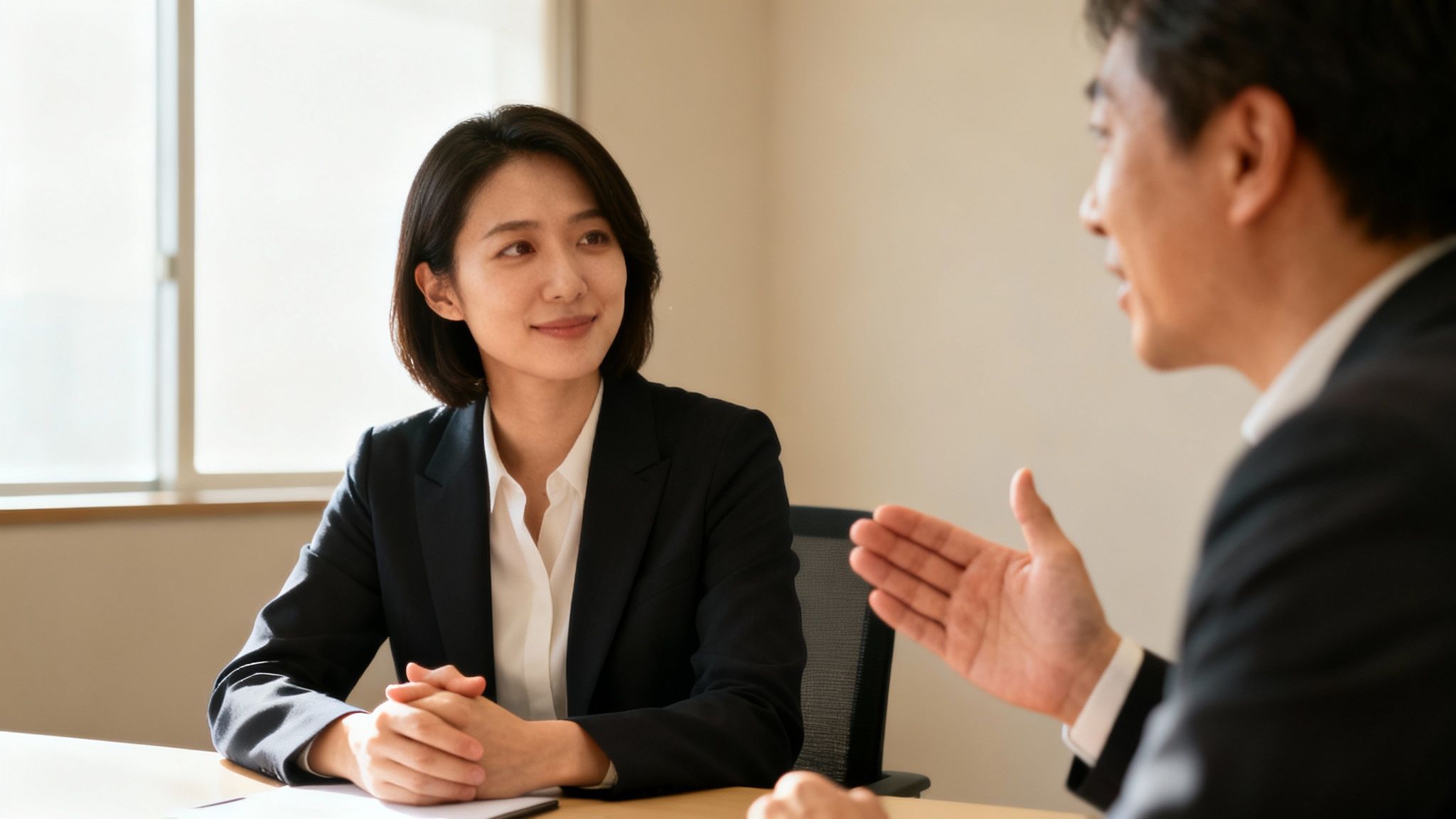 A professional woman in a suit listens attentively to a man speaking during a business meeting.