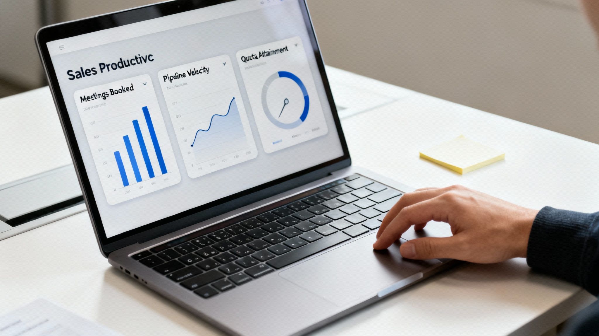Person analyzing sales productivity metrics dashboard on a laptop, showing meetings booked and pipeline velocity.