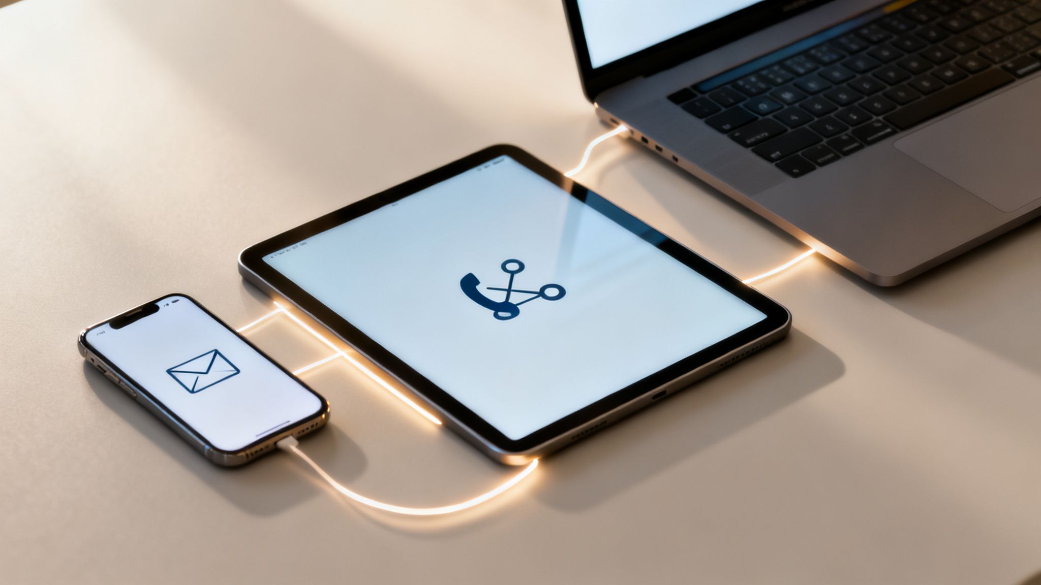 Laptop, tablet, and smartphone connected by glowing lines, representing digital communication and data flow.