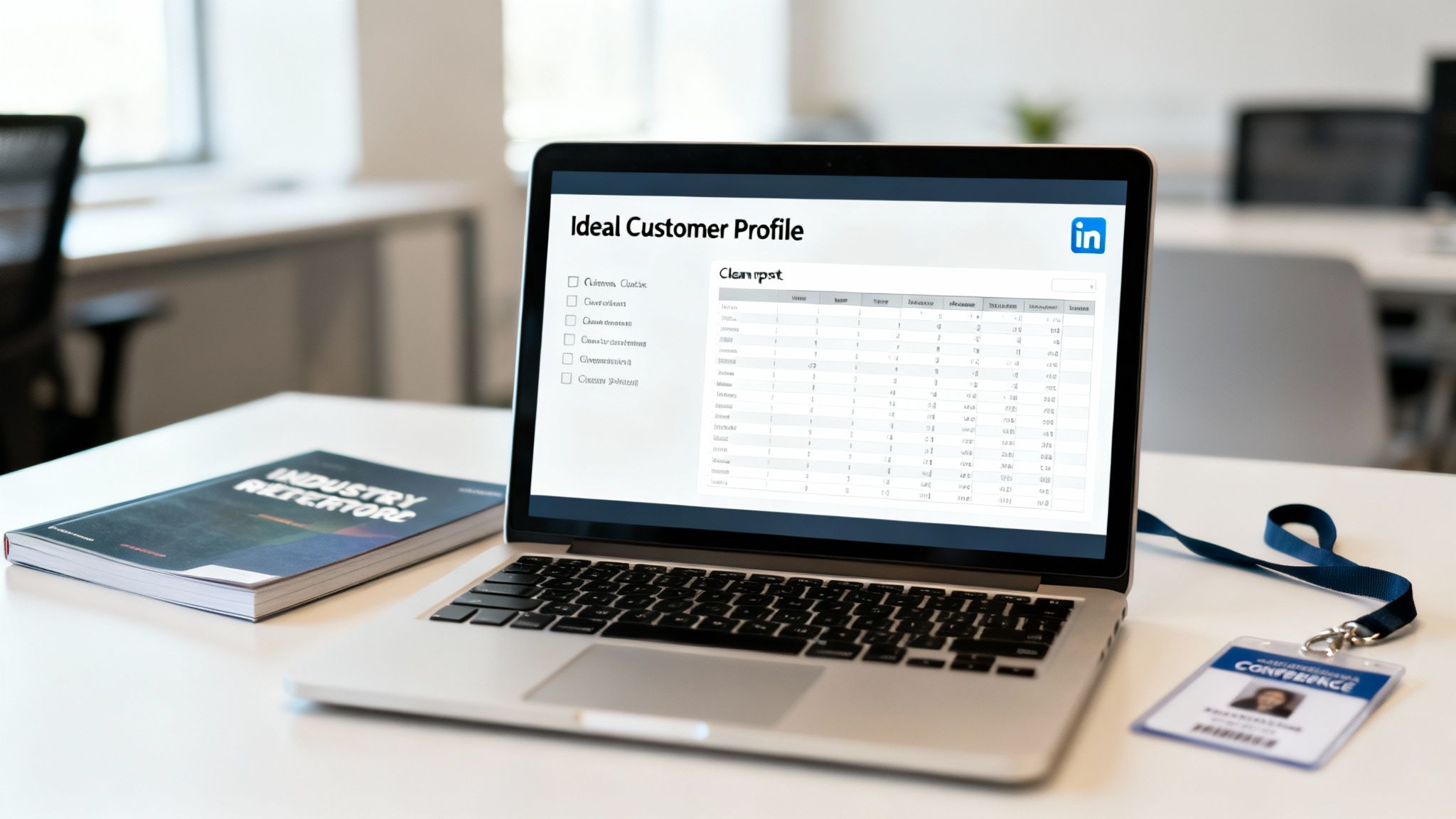 Laptop displaying an 'Ideal Customer Profile' screen with data, a book, and an ID badge on a desk.