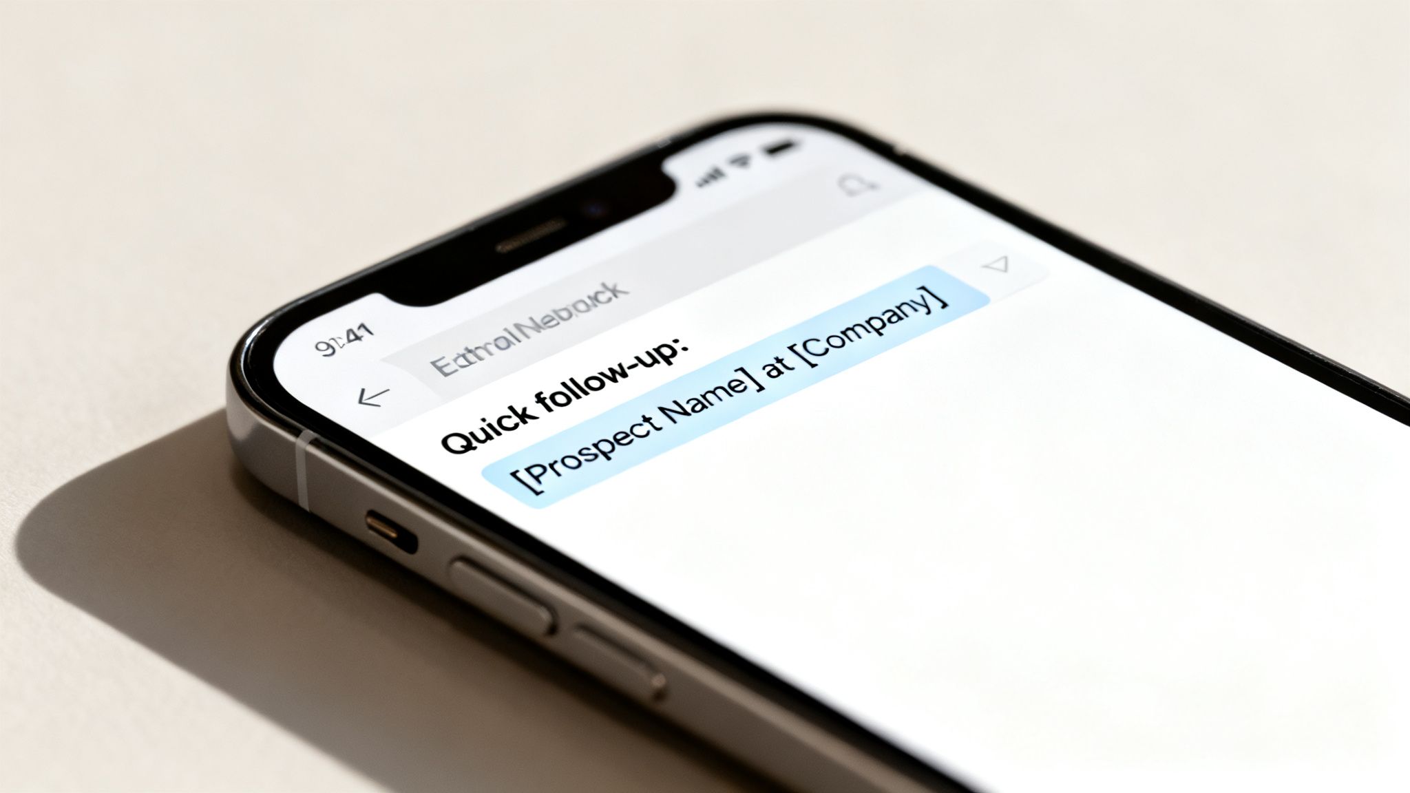 A smartphone screen showing an email subject line for a quick follow-up, displaying a prospect's name and company.