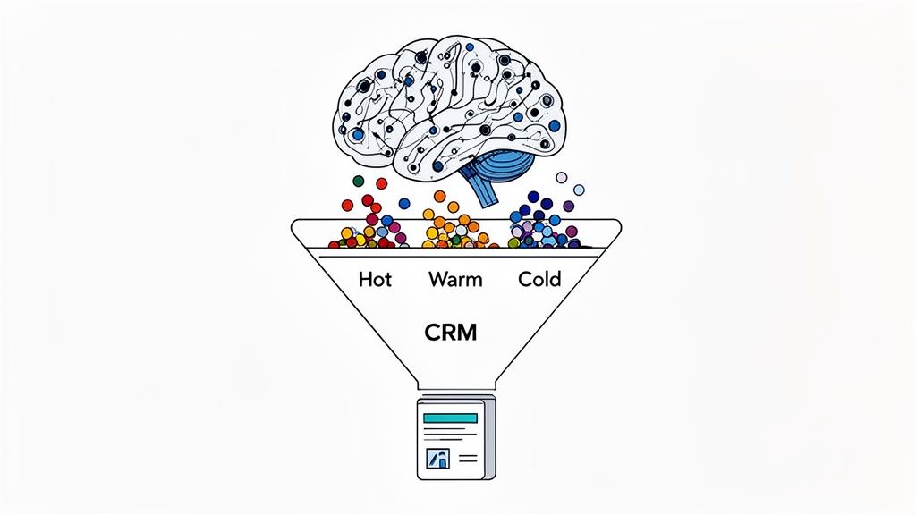 Brain processes leads, categorizing them into hot, warm, cold segments within a CRM sales funnel.