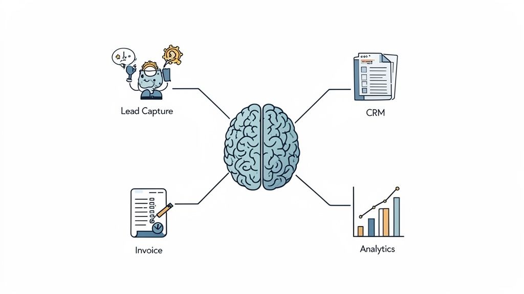 Conceptual illustration showing a central brain integrating lead capture, CRM, invoicing, and analytics business processes.