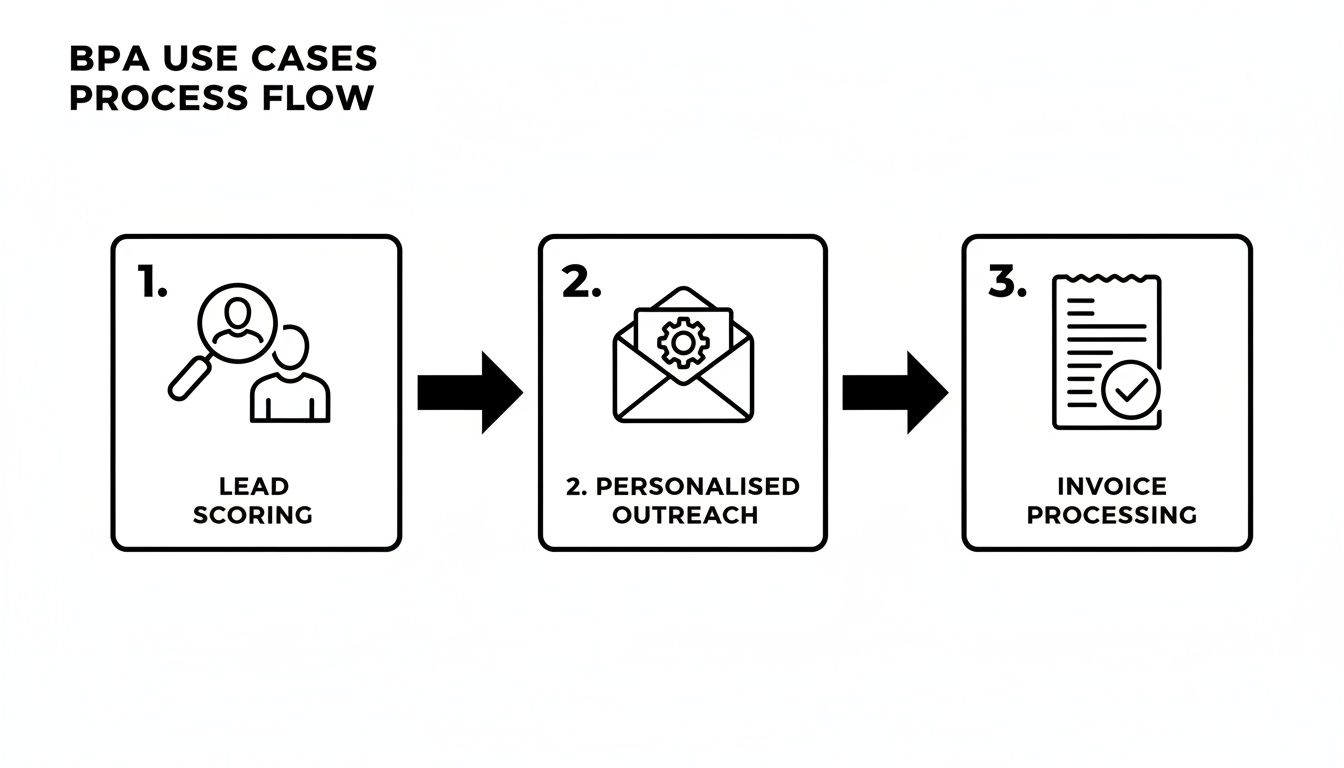 BPA use cases process flow illustrating lead scoring, personalized outreach, and invoice processing steps.