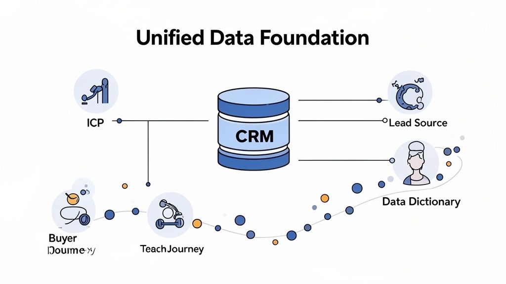 A diagram illustrates a unified data foundation with CRM as the core, connecting ICP, lead sources, and buyer journey elements.