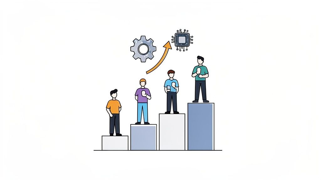An illustration of four people on an ascending bar chart, symbolizing progress, technology, and operational excellence.