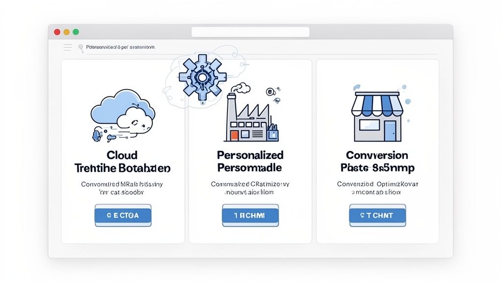 Web interface displaying three business solution cards: cloud, factory, and storefront icons with placeholder text.