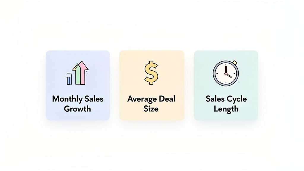 Three cards showcasing key sales performance indicators: Monthly Sales Growth, Average Deal Size, and Sales Cycle Length.
